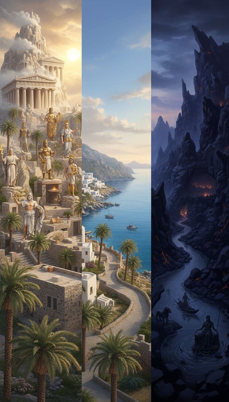 AI generated: Create a beautiful scene in greece. Include the 12 gods as a theme. Also include the heavens on moun...