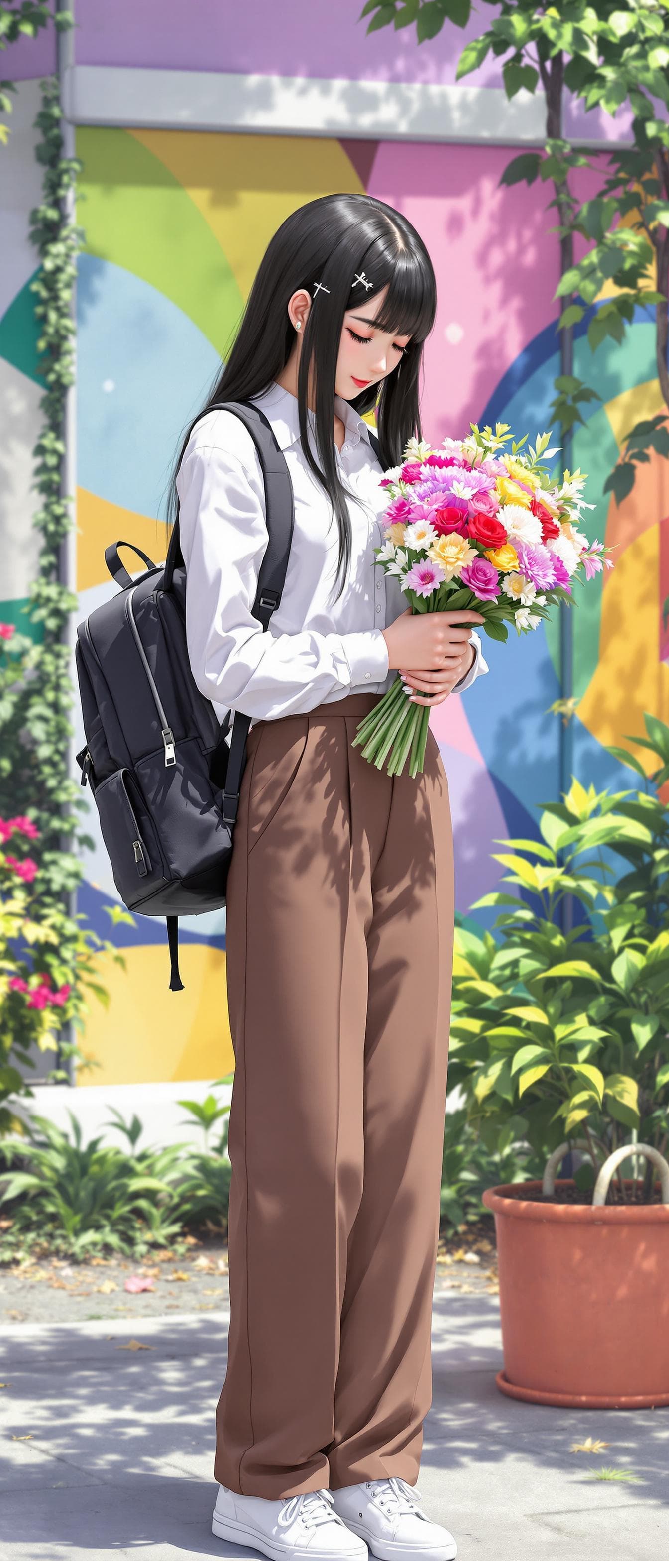 AI generated: In the image, ((full body:1.4)), anime realistic seen standing outdoors, Lowering the face to the to...