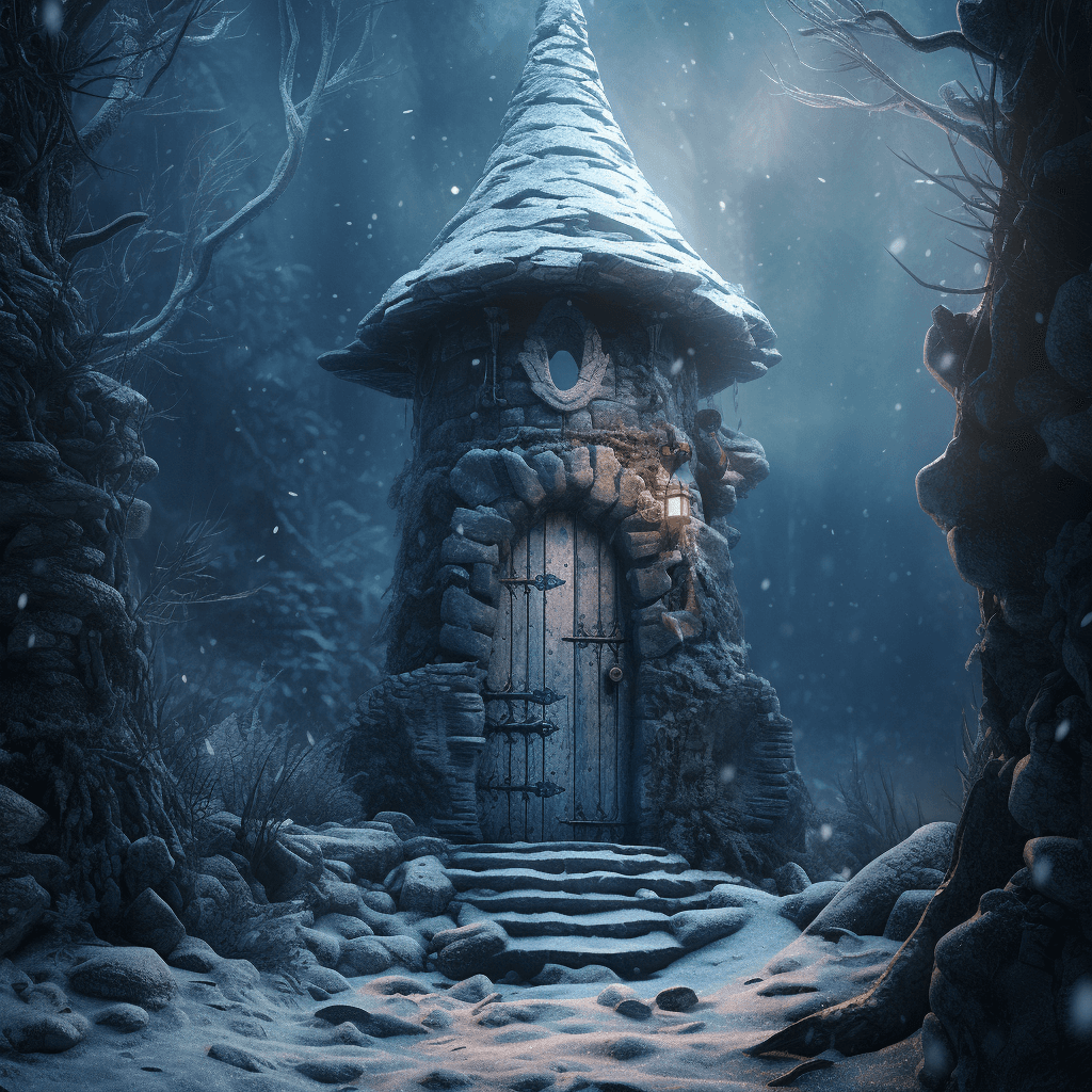 AI generated: stone tower with dark door, surrounded by a frozen taiga forest, blue mushrooms on the ground, cinem...