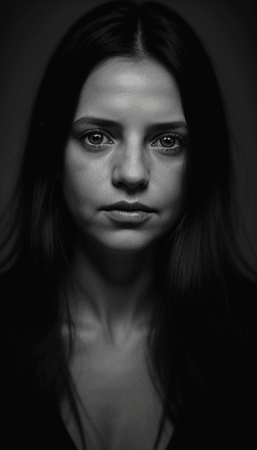AI generated: Black and White, sharp catch lights in eyes, A soul-stirring  portrait of a woman, long dark hair, h...
