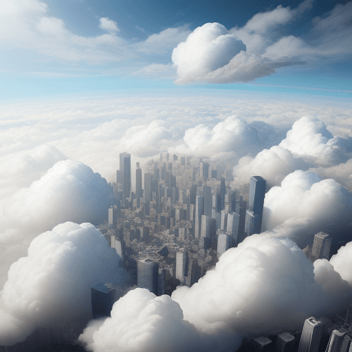 AI generated: looking down on busy city, cloud roads, cloud streets, feet on clouds,  white background, box, photo...