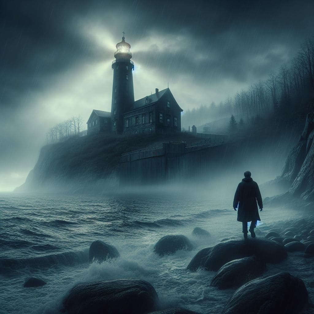 AI generated: on the coast, a lighthouse on a foggy, gloomy night. a dark figure approaches the lighthouse from th...
