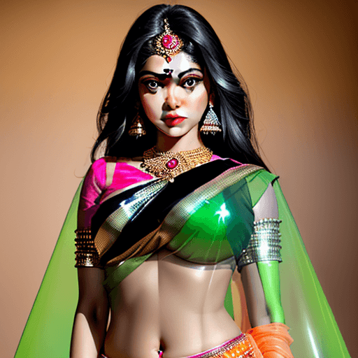AI generated: Beautiful Indian goddess Durga wearing shiny pink transparent saree, red blouse,black hair, green ju...