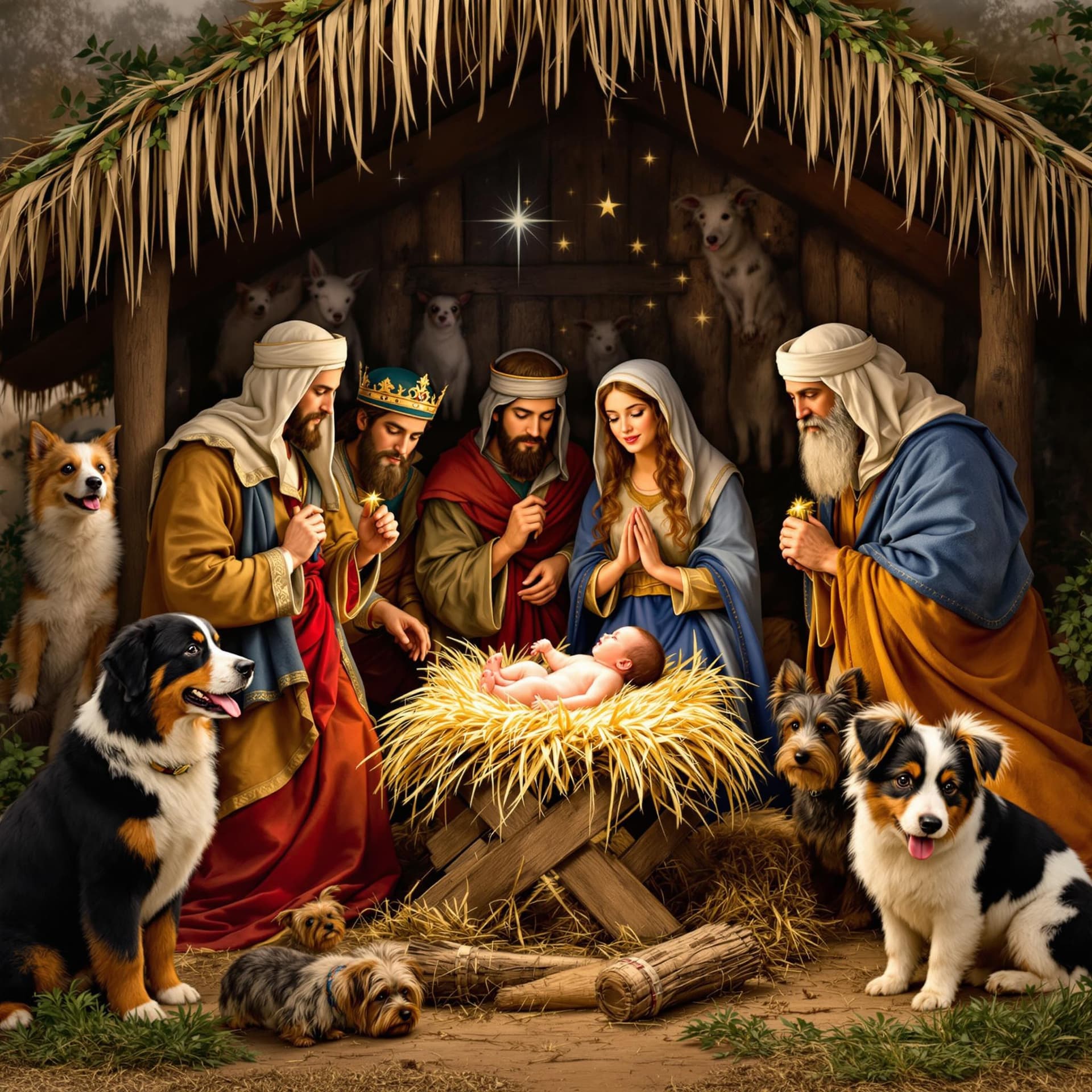 AI generated: a traditional scene of baby Jesus in the manger, surrounded by Mary, Joseph, the three wise men and ...