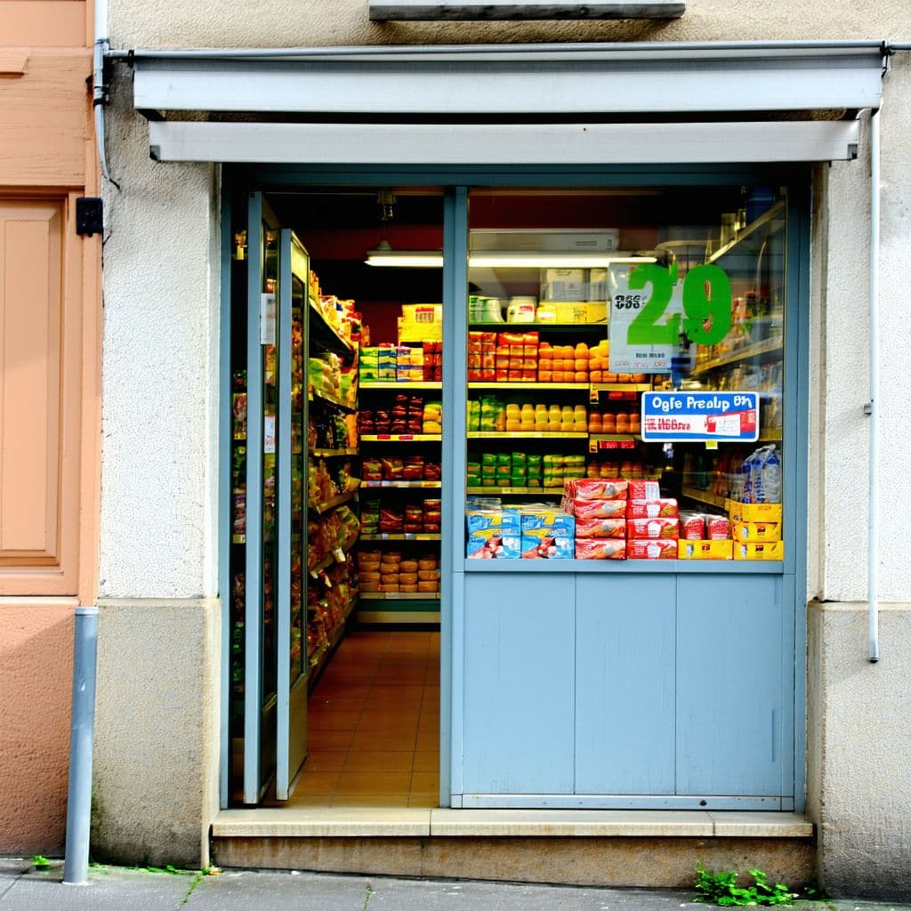 AI generated: The photo shows the entrance door to a small grocery store.

