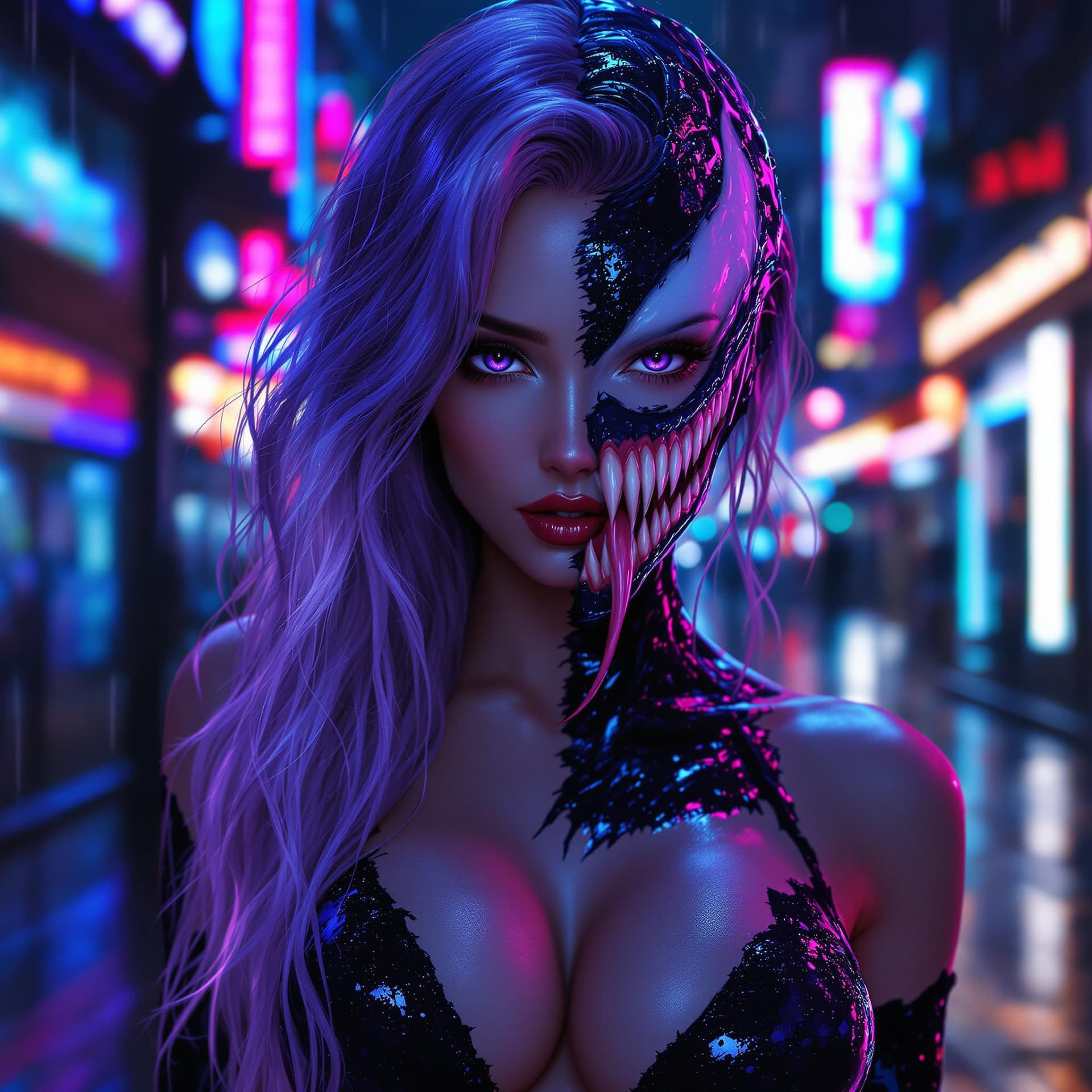 AI generated: Seductive anime-style female with long violet-tinted hair and deep purple eyes. One side is a stunni...