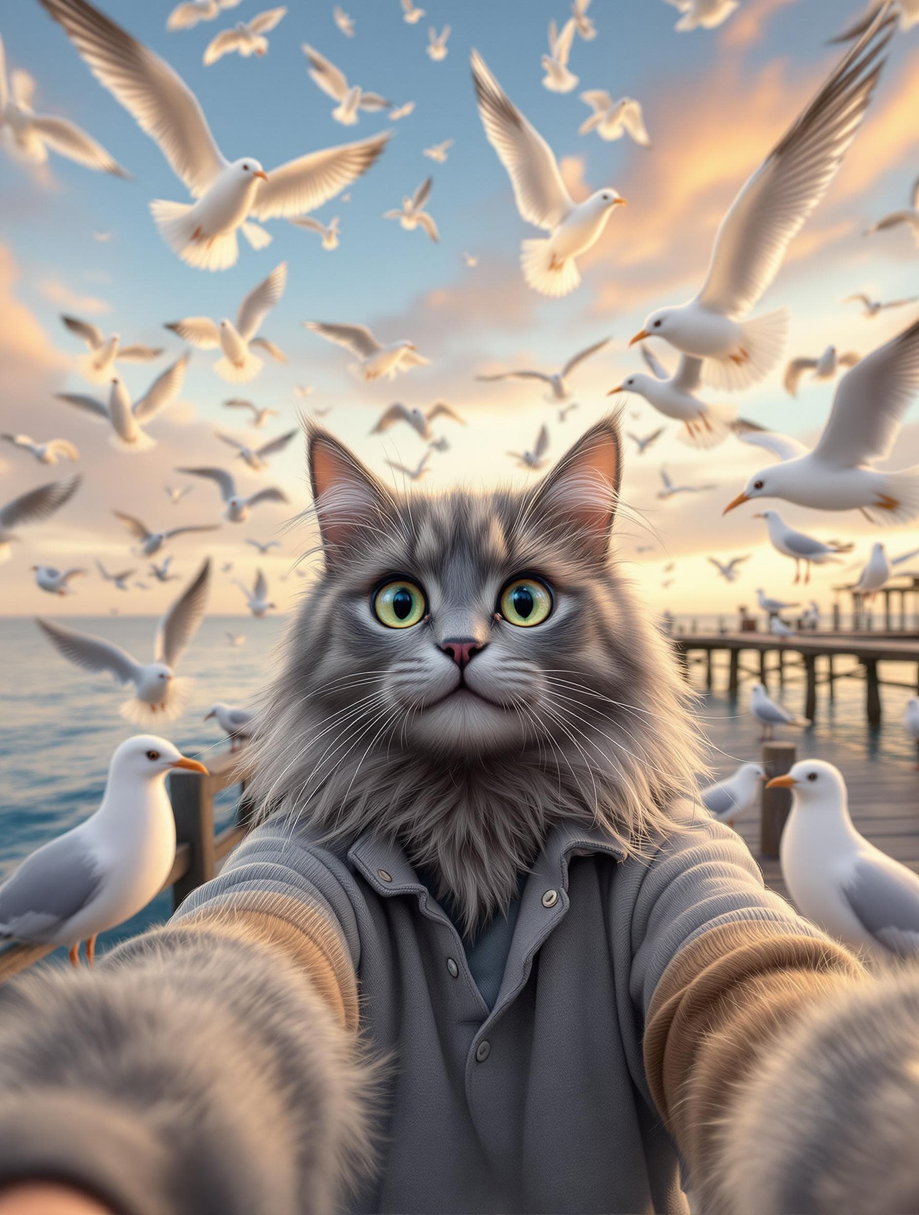 AI generated:  On the pier against the sea there are many seagulls in the sky. A cute gray cat in a shirt takes se...