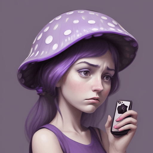 AI generated: Artistic illustration of a girl holding an iPhone 15 and being upset with a purple mushroom on her h...