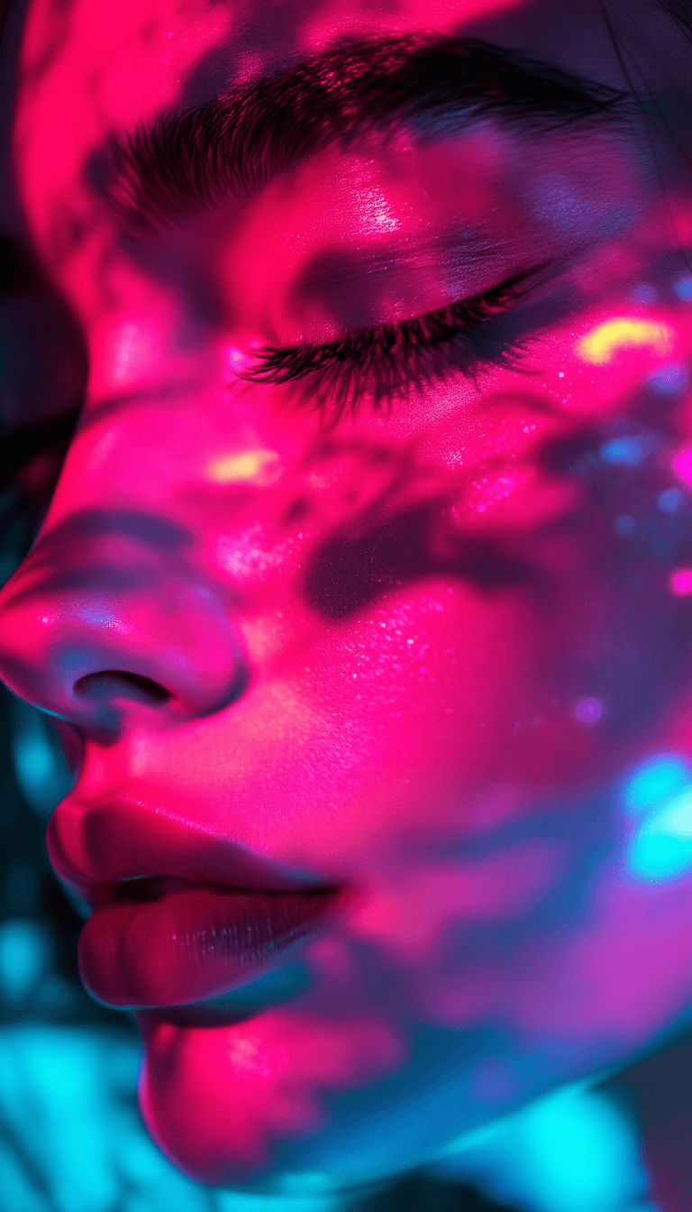 AI generated: Close-up portrait of a woman with a neon pink shadow on her face against a colorful background, with...
