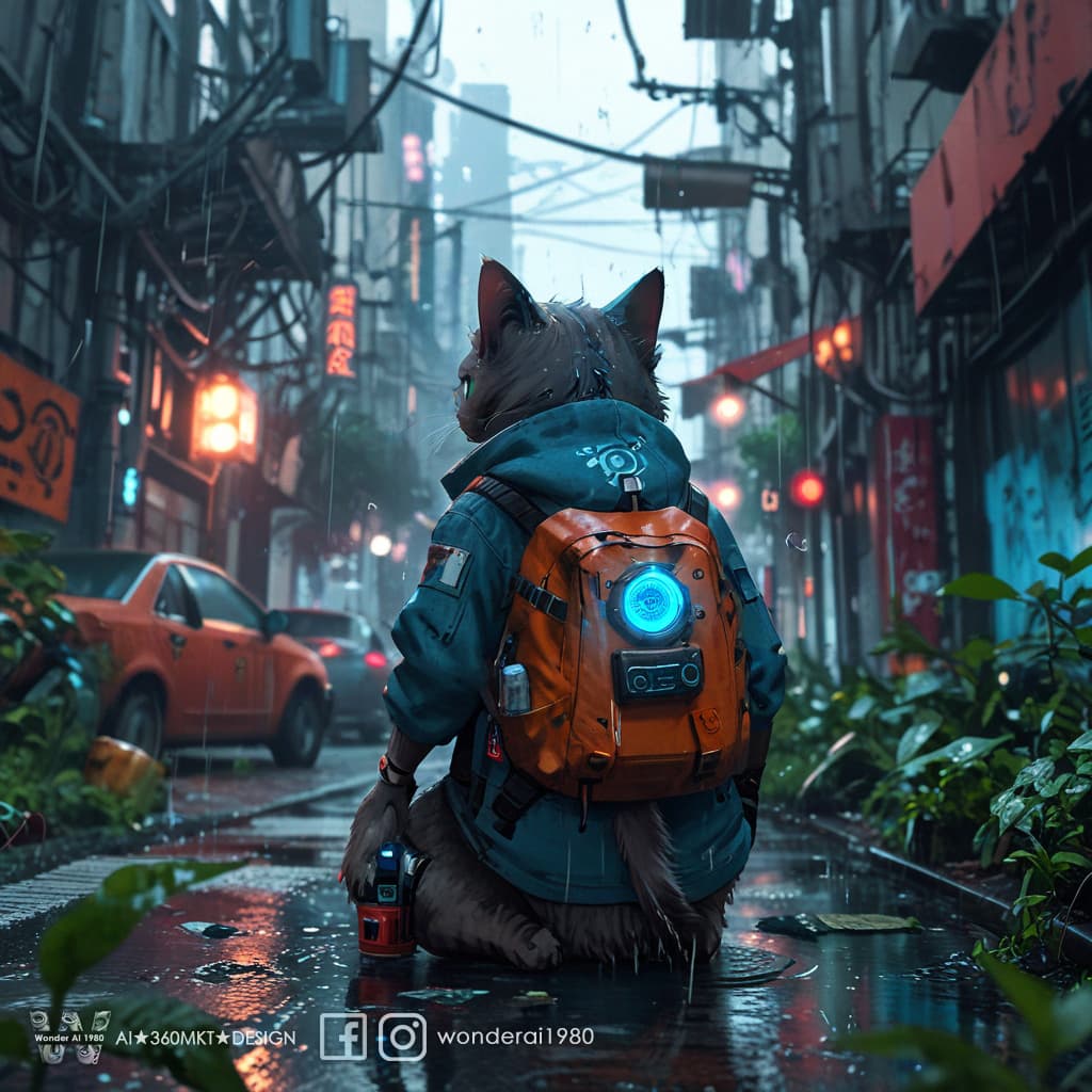 AI generated: cyberpunk-style anthropomorphic real blue eye cat in an dirty and dark orange hoodie with a black ba...