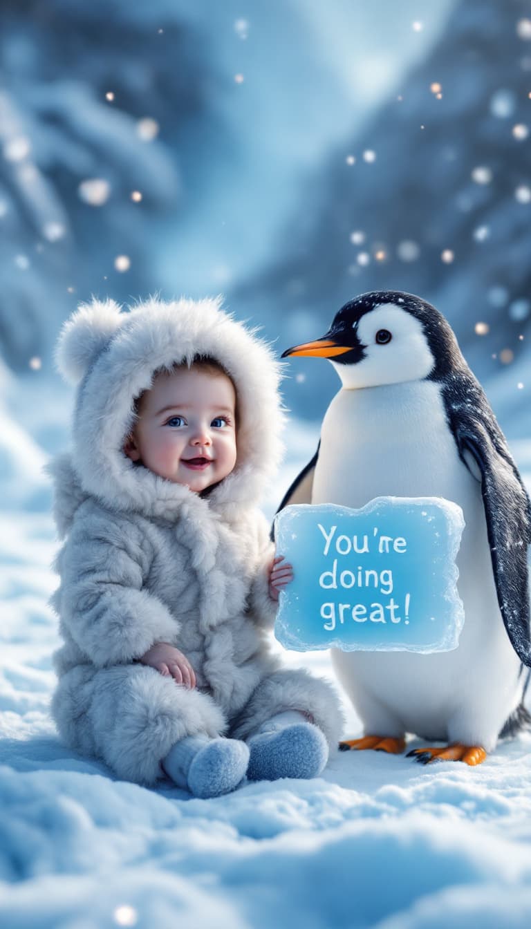 AI generated: A hyper-realistic image of a baby dressed in a fluffy penguin costume, sitting on snow next to a pla...