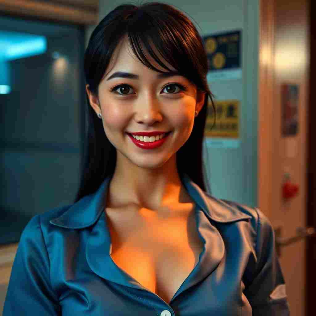 AI generated: Canon 50d, 100mm, (((breathtaking:1.5) smiling (Japanese) stewardess)), close-up photo, standing, hi...
