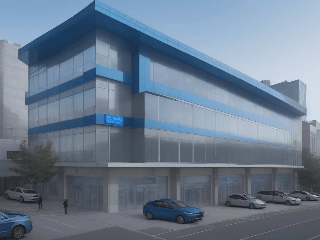 AI generated: Three-story building, facade all in blue glass, small, corporate, modern minimalist architecture, wi...