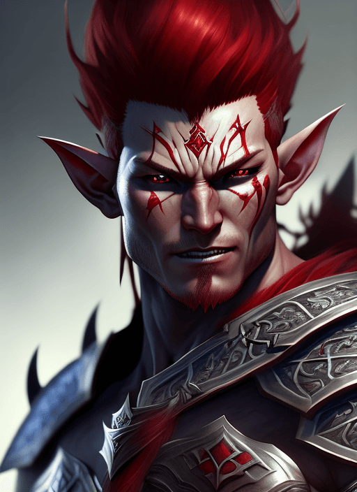 AI generated: evil male elf warrior with muscular grey skin and red hair, samurai armor, ultra realistic, concept ...