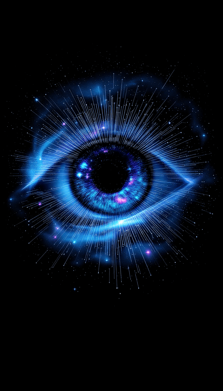 AI generated: A striking depiction of a large, singular eye, the iris a portal to a nebula filled with swirling ga...