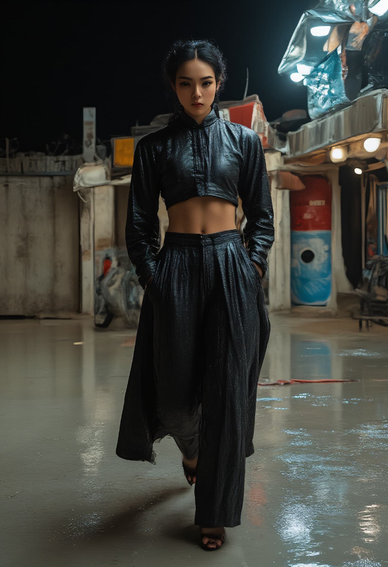 AI generated: night photography, Street fashion upper body photo of a 24-year-old Bosniak-Sardinian female fierce ...