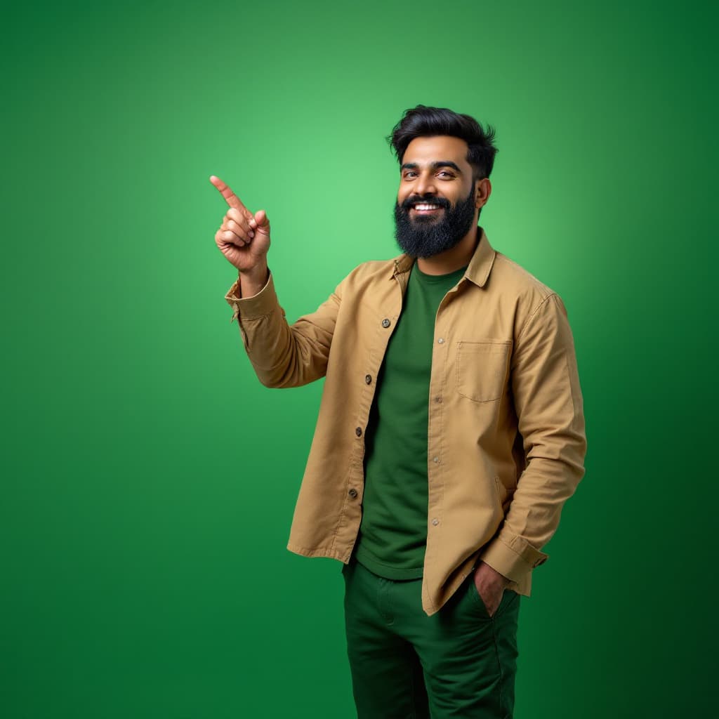 AI generated: Creatan Indian man dressed in a casual yet sharp outfit, pointing with purpose to the upper corner. ...