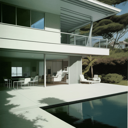 AI generated: Hyper realistic eye level exterior photo of a mid century modern style house overlooking the ocean, ...