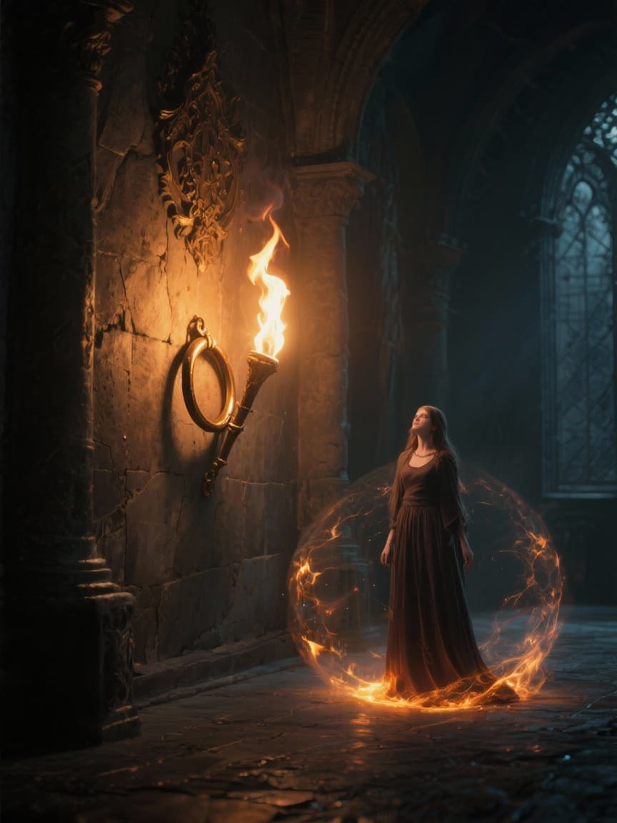 AI generated: A momentary gleam of phosphorus flame. Under the deepest shadows of the hall That maiden found a rin...