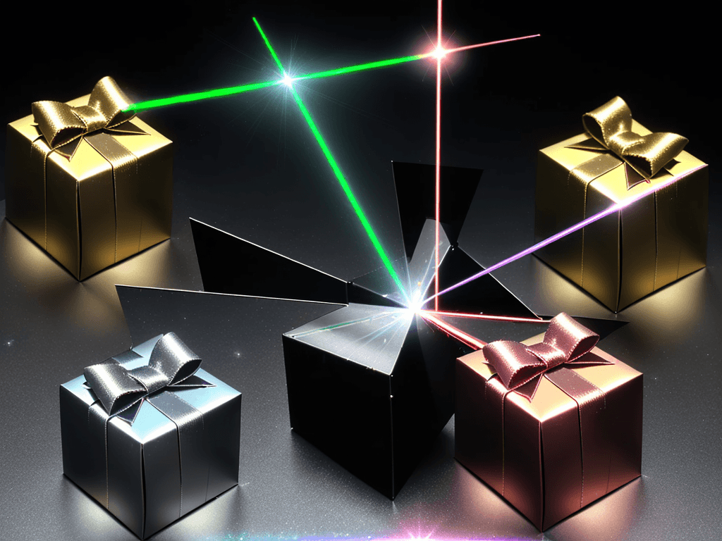 AI generated: one laser beam hits the center of the metal square from the point of contact small gift boxes with b...