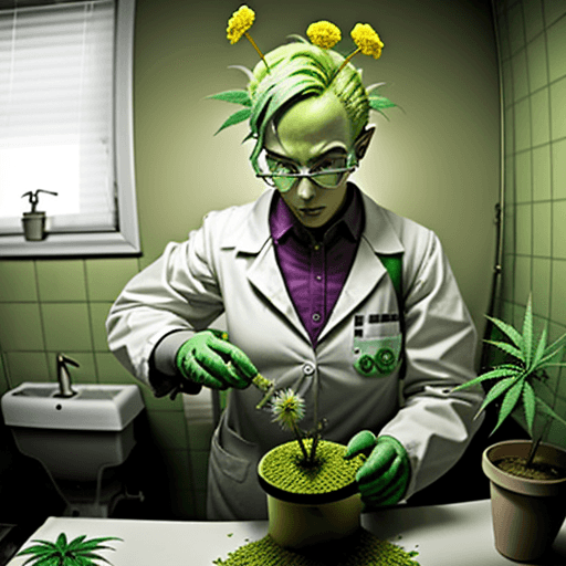 AI generated: a crazy radioactive chemist making marijuana flowers in a small bathroom full of marijuana plants