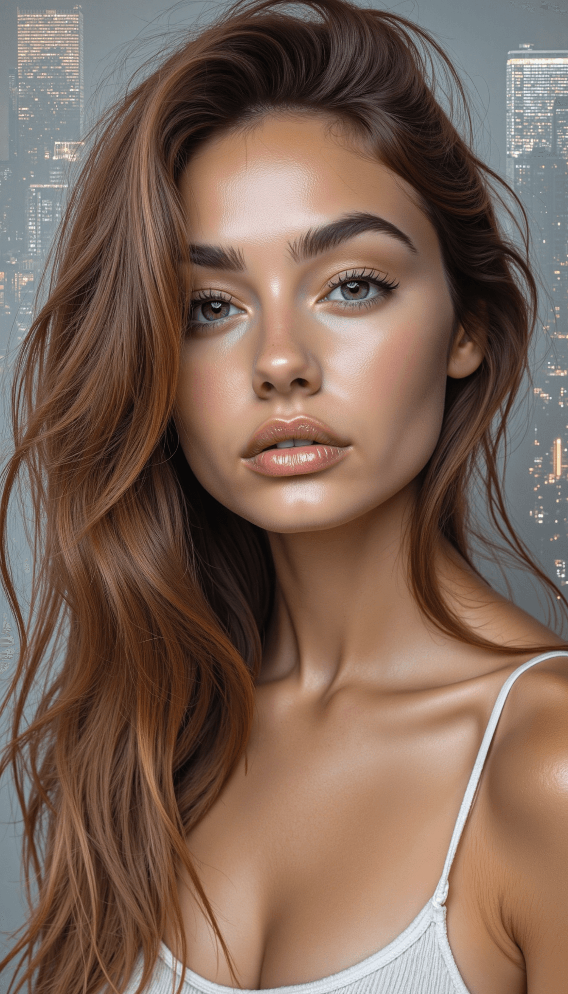 AI generated: Portrait of a young woman with long, wavy brown hair, glowing skin, and blue-green eyes, set against...