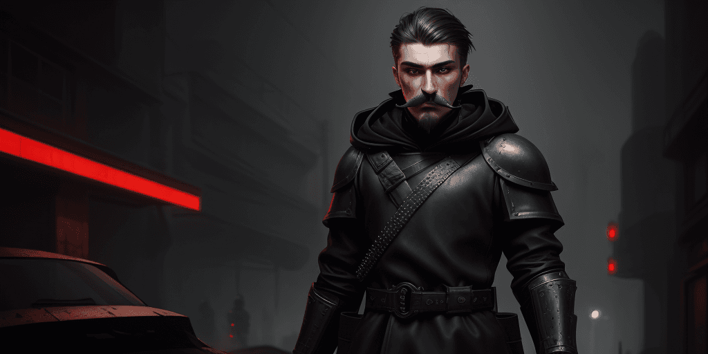 AI generated: Slavic very young man knight with small  beard and moustache and no helmet wearing black matte battl...