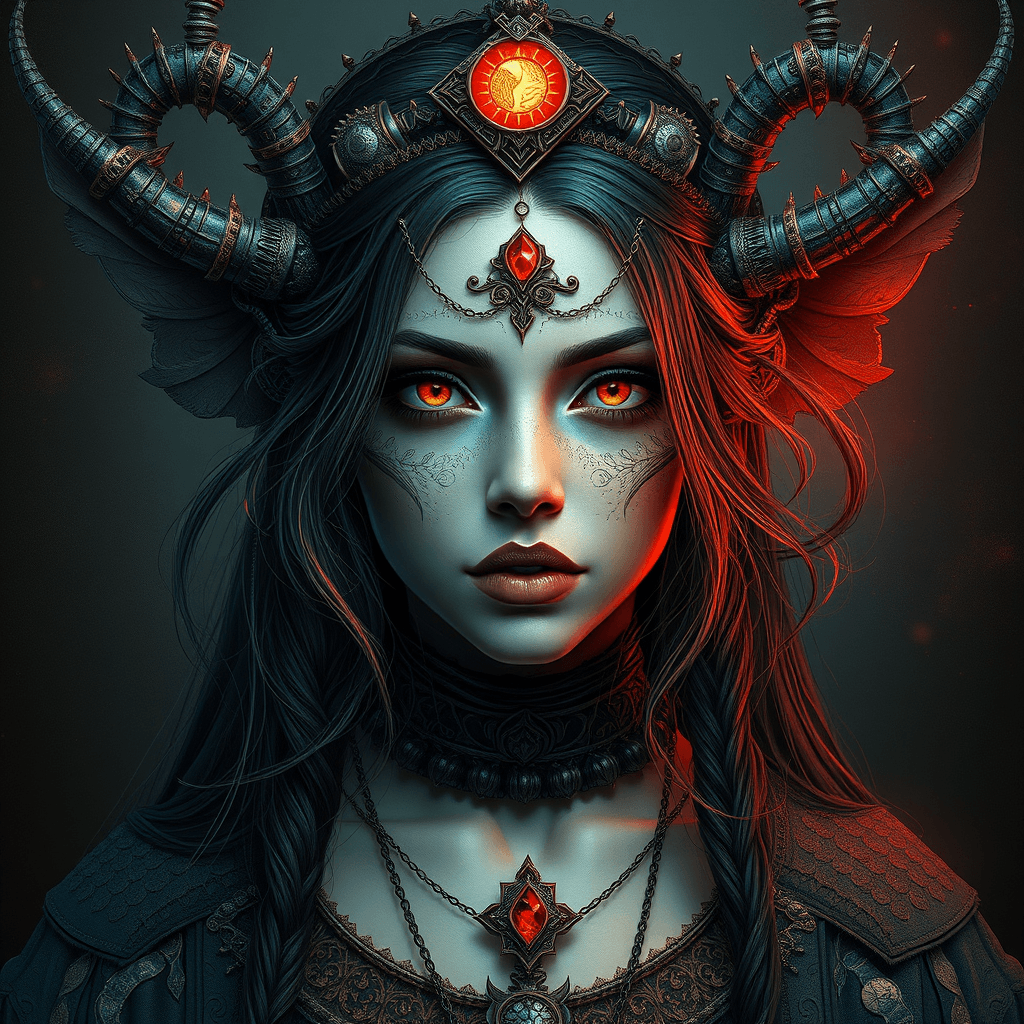AI generated: Design a photorealistic portrait of a woman with dark makeup and makeup art, set in a dark concept a...
