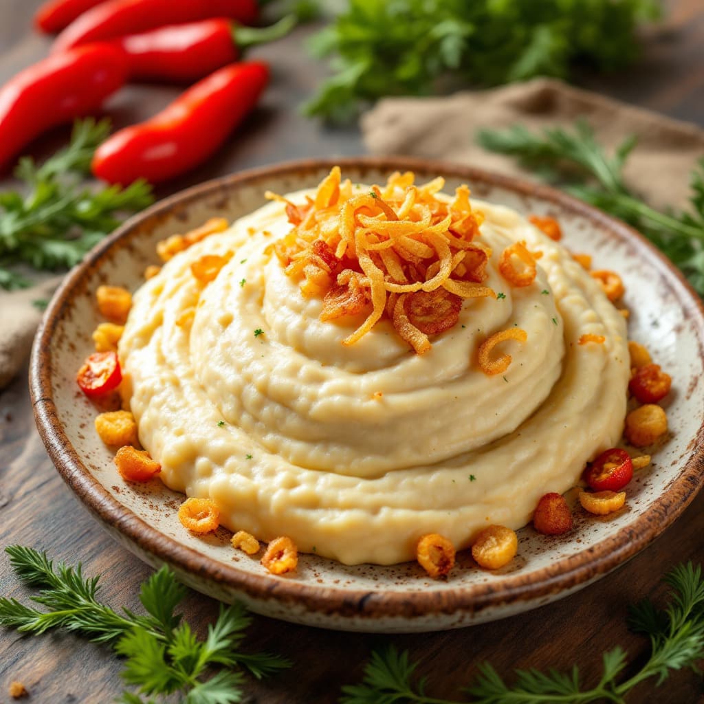 AI generated: Visually stunning and mouthwatering photograph of a beautifully presented white bean purée. A sphere...