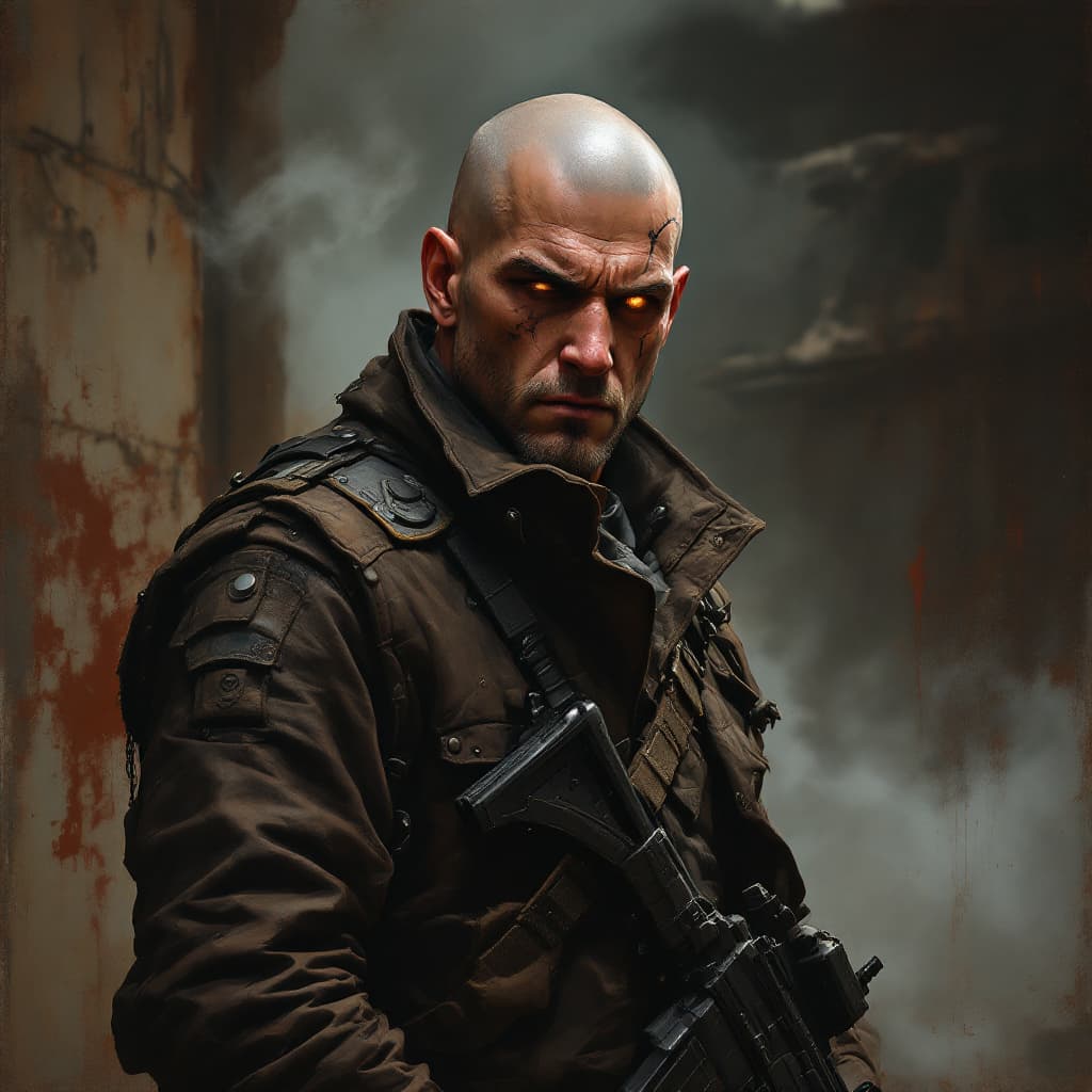 AI generated: A stoic ex-soldier with a shaved head and stern expression, one cybernetic eye glowing amber, light ...