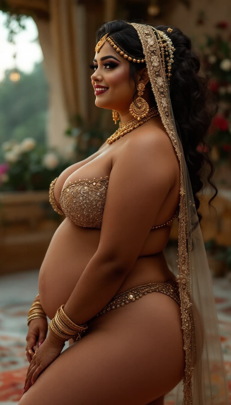AI generated: full body  plus size Indian bride woman  without blouse and undergarments, tight full front view lar...