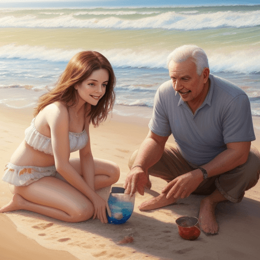 AI generated: high resolution, oil painting,faces are beuatiful, father mother  daughter family, they are on a bea...