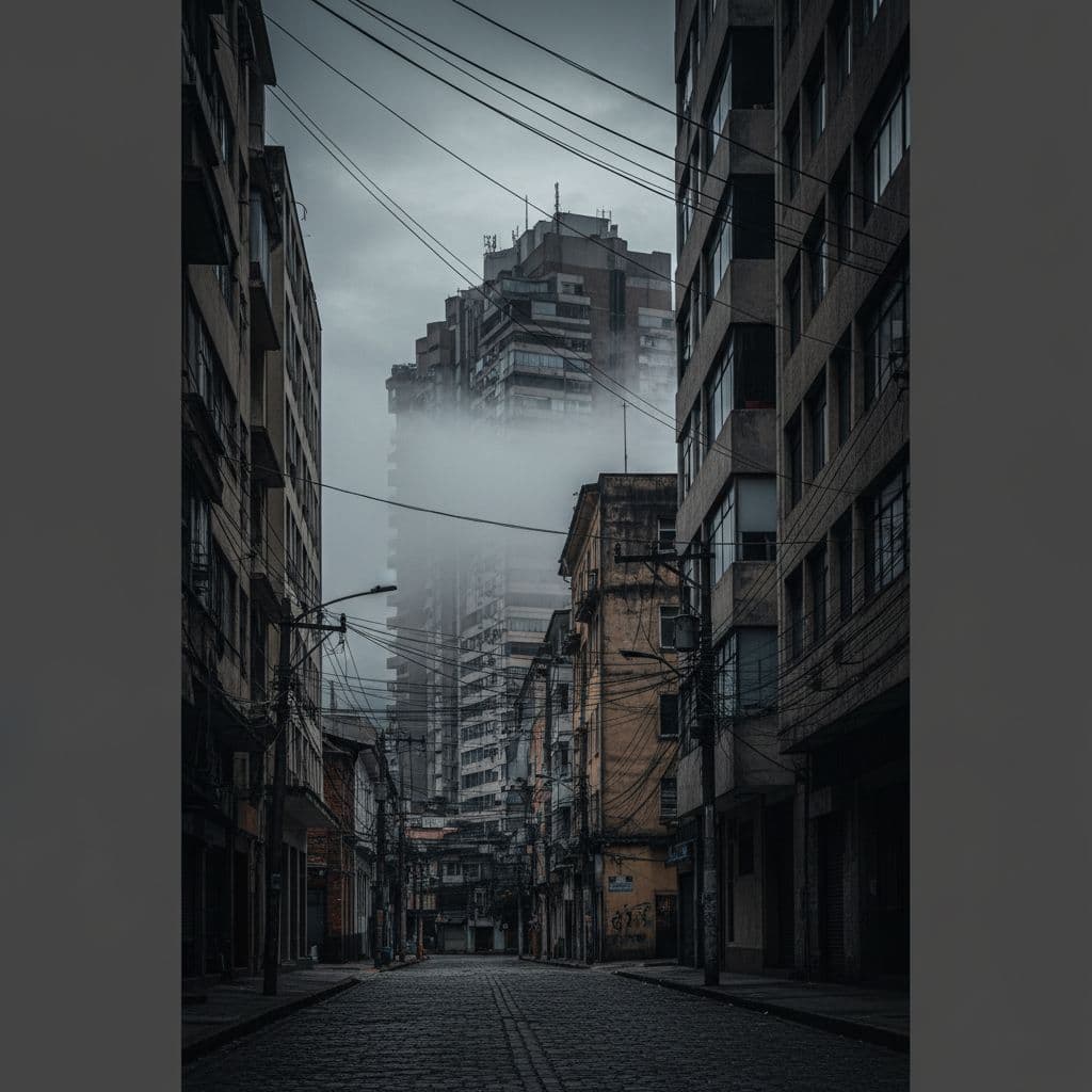 AI generated: Prompt:
Realistic editorial photograph of downtown Bogotá, Colombia. Authentic brutalist and modern...