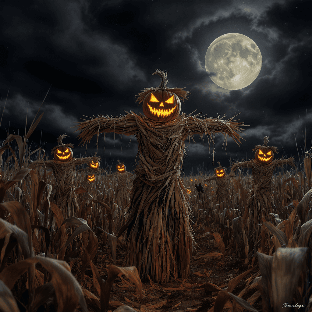AI generated: Scarecrow Awakening — tattered figures of straw rise from cornfields, their glowing pumpkin heads tu...