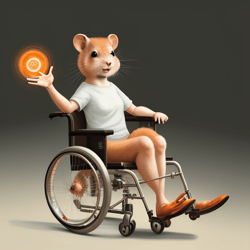 AI generated: ginger hamster in a wheel chair, its leg is raised and in a cast. it is smiling and waving.
warm lig...
