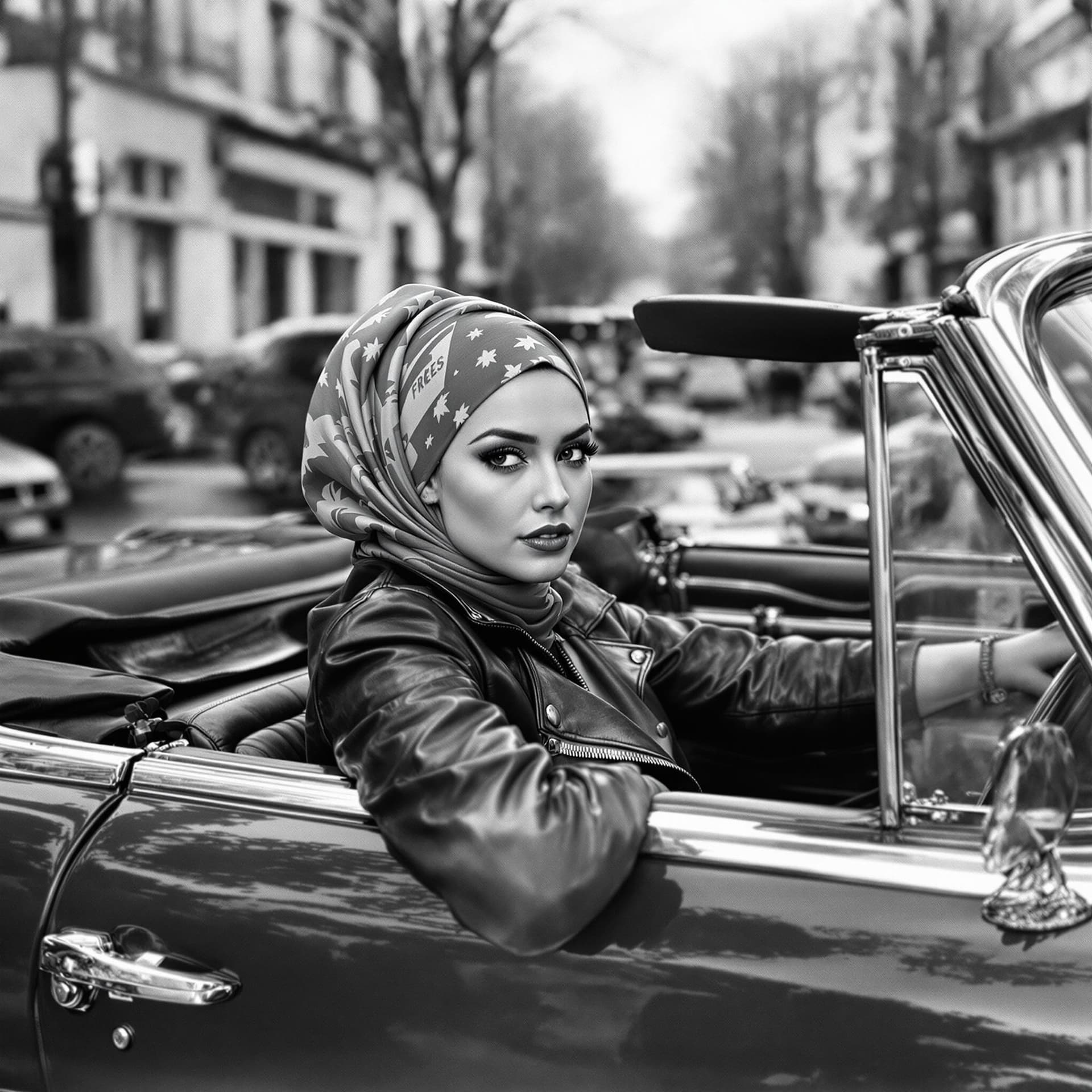 AI generated: Black and white street photography of an attractive woman in leather jacket with headscarf sitting i...