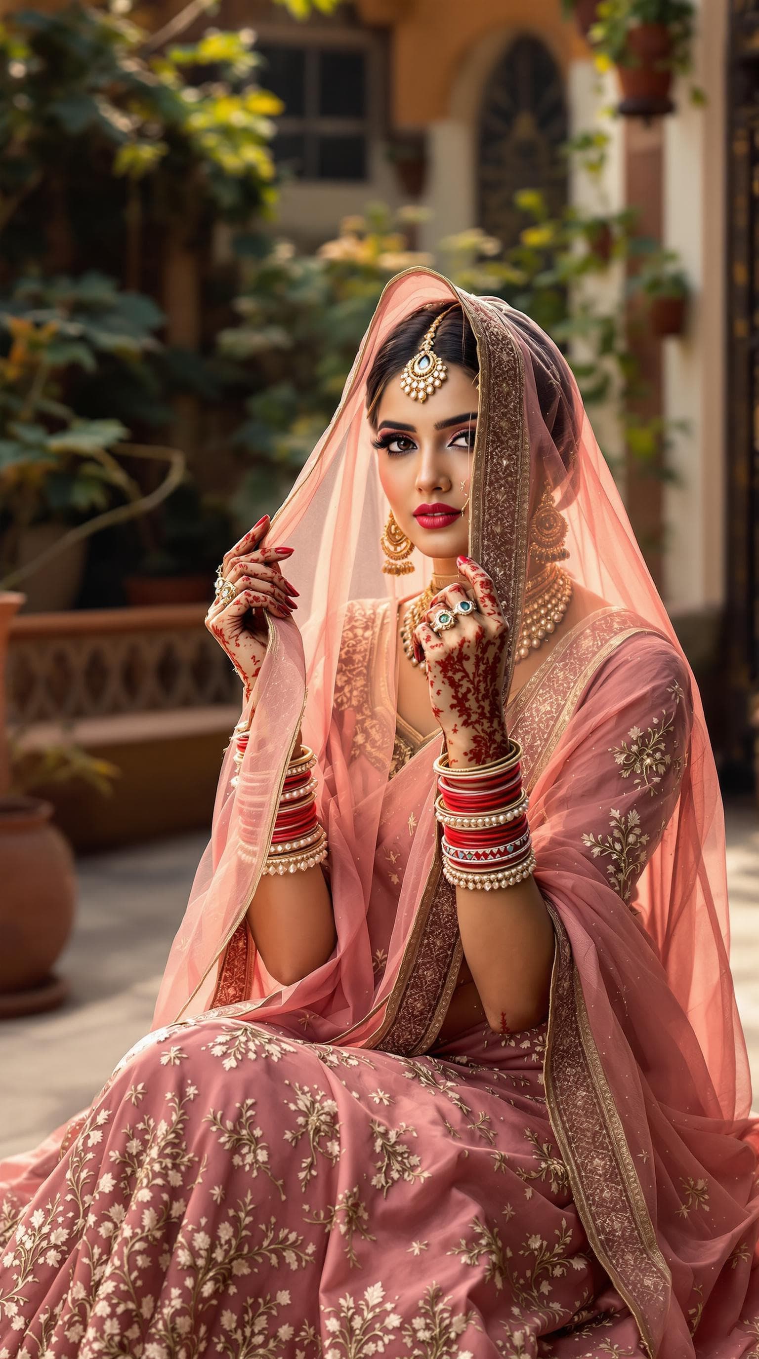 AI generated: "A traditional Rajasthani woman sitting gracefully in a courtyard, wearing a beautiful pink lehenga ...