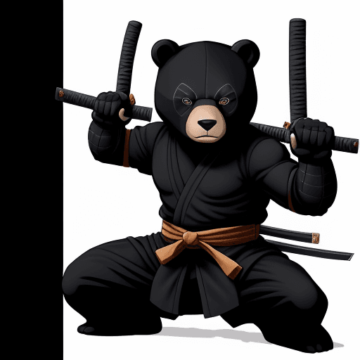 AI generated: ninja bear in black suit with katana in tample cartoon 