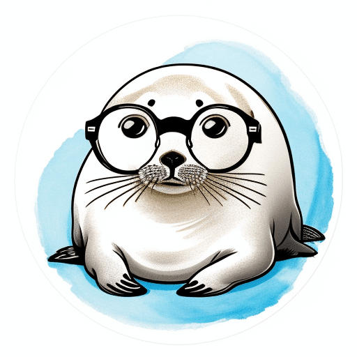 AI generated: draw me a round shaped logo with a white background of a seal wearing round glasses