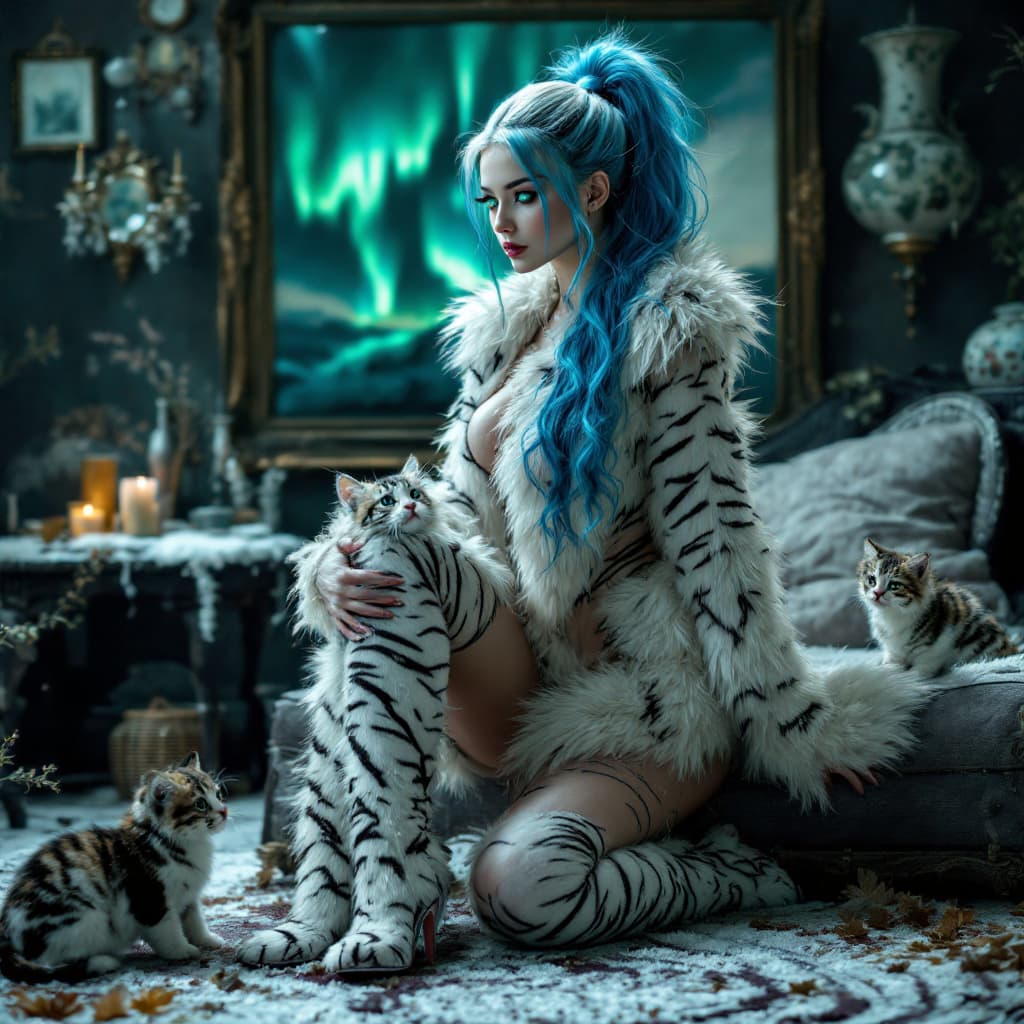 AI generated: full body open furry costume with feet, girl with kittens and ponytail, tiger eyes, extra long blue ...