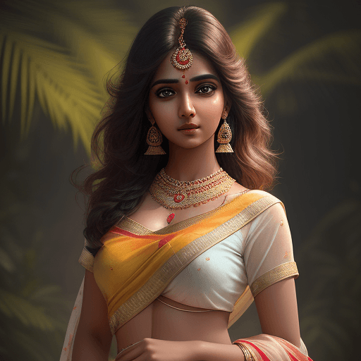 AI generated: very beautiful indian girl in bright saree, white short blouse, charismatic personality, professiona...