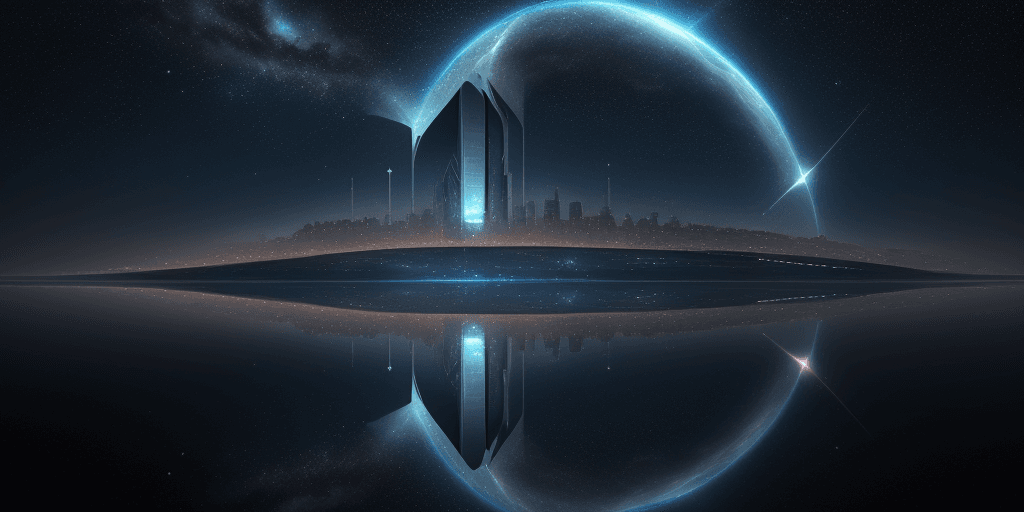 AI generated: High tech defences protecting an alien energy source above a peaceful body of water reflecting back ...