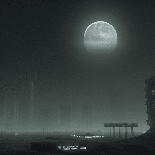 AI generated: A retail store on the moon, advanced civilization, foggy atmosphere, high rise buildings in backgrou...