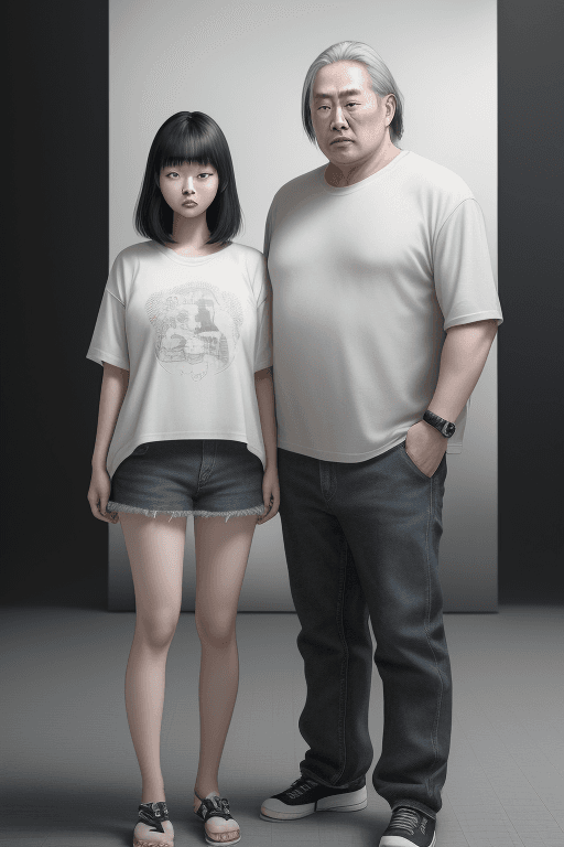 AI generated: 1 korean girl with his big manly father, a Beautiful idol, (Cute Loose Bob hair), (casual clothes), ...