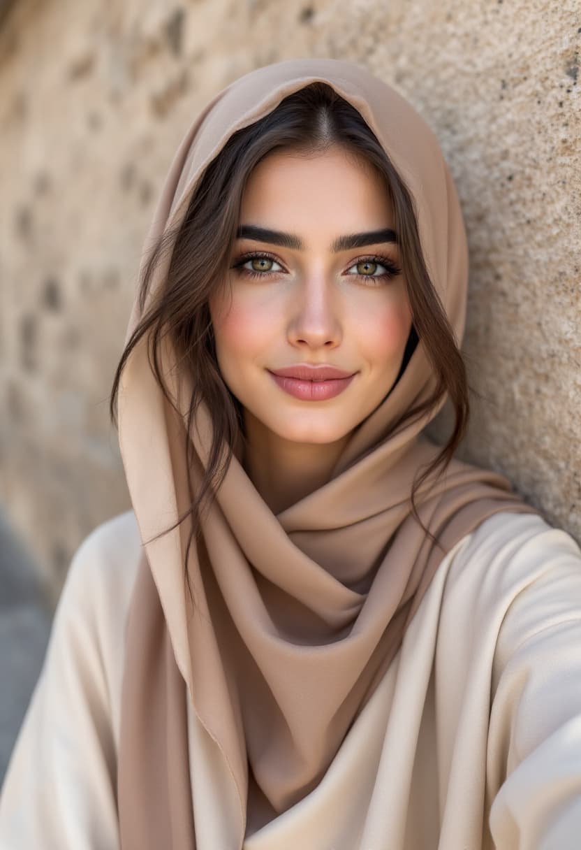 AI generated: Photograph, close-up of the face 20-year-old attractive young Muslim young women,   from iran, open ...