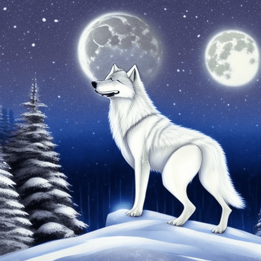 AI generated: Under a luminous full moon, a majestic white wolf stands atop a snowy cliff, overlooking a vast, sta...