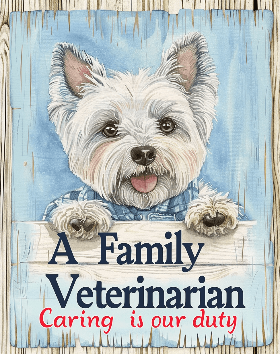 AI generated: a poster "A Family Veterinarian" with a West Highland Terrier watercolor portrait, on the bottom of ...