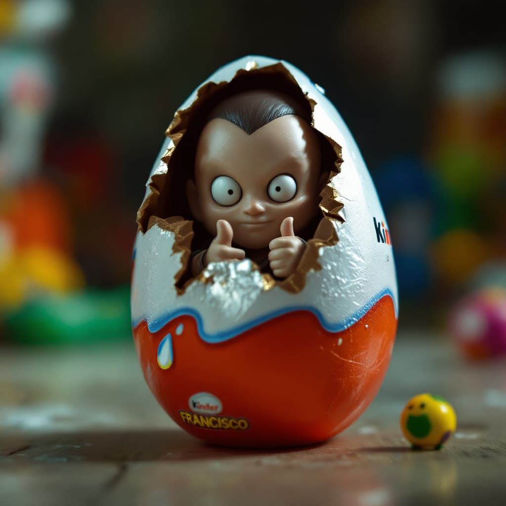 AI generated: Low angle haunted photography of a single large sizable Kinder Surprise egg, with the iconic foil pa...