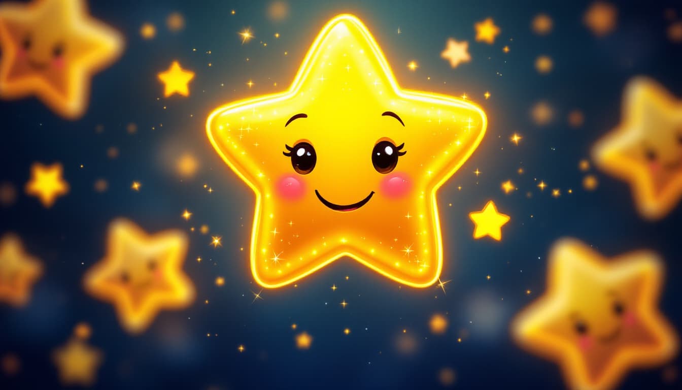 AI generated: Cute smiling golden star character, glowing aura, sparkles, magical atmosphere, dark blue background...