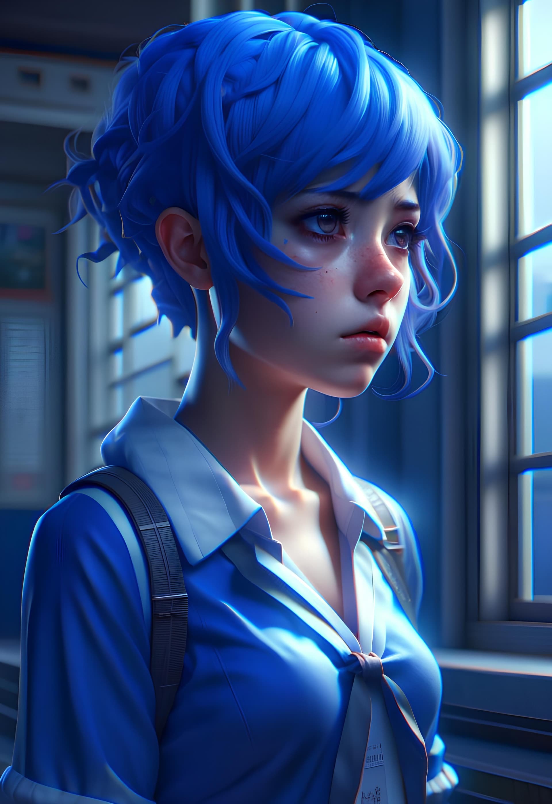 AI generated: a drawing of a girl with blue hair, an anime drawing, pixiv, process art, sailor uniform, looks sad ...